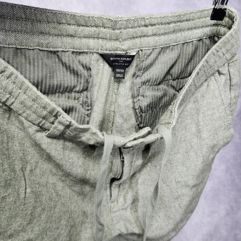 Banana Republic Mens 32x27 Athletic Linen Pants Olive Green Drawstring Casual